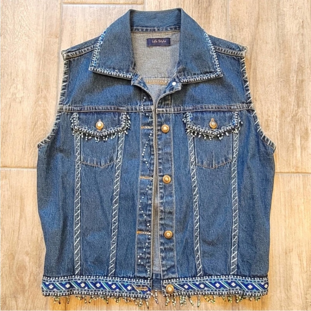 Vintage Denim Vest Womens Size S Fully Beaded Embroidered Southwestern Blue